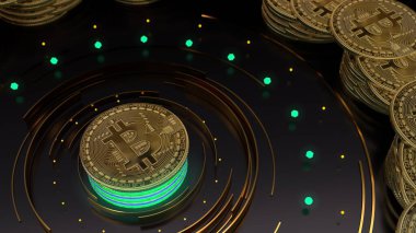 Bitcoin kripto para birimi konsept üretir. Parlak yeşil renkli altın sikke.