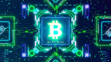 Dijital arkaplanda Bitcoin şifreleme işareti var. Finansal tema 3d oluşturucu
