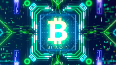 Dijital arka planda Bitcoin para işareti. Finans ve şifreleme 3d oluşturma.