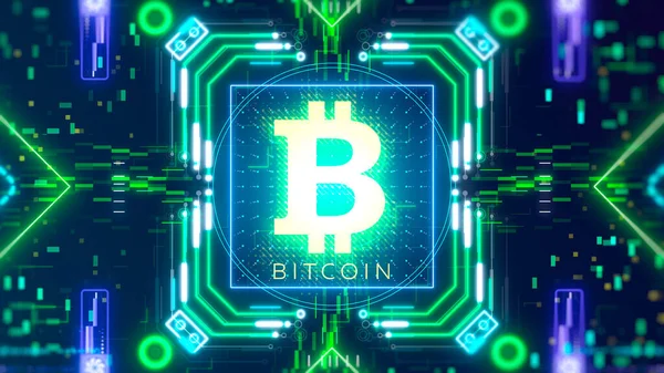 Dijital arka planda Bitcoin para işareti. Finans ve şifreleme 3d oluşturma.