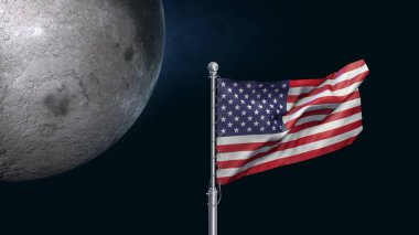 ABD bayrağı havalara uçtu. Amerika Ay Görev Sembolü. Bilim arkaplanı