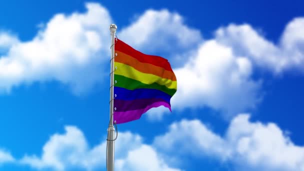 Bandeira de arco-íris close-up, bandeira de orgulho LGBT ou bandeira de orgulho gay acenando ao vento. lacete — Vídeo de Stock