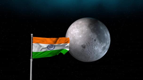Эпический вид индийского флага над луной. Индийский символ полета на Луну — стоковое видео