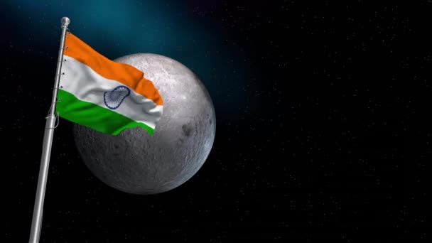 Zavřít pohled na indickou vlajku na Měsíci. symbol indického výzkumu vesmíru na Měsíci — Stock video