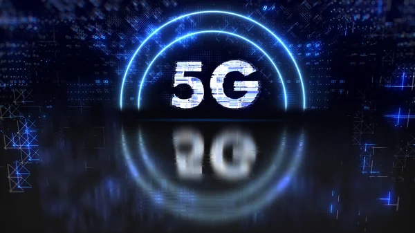 Беспроводные сети 5G и символ концепции интернета. Неоновый глюк — стоковое фото