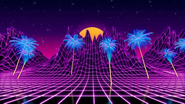 Midnight tropic jungle abstract background. 3d illustration of retro landscape — Stock Photo, Image