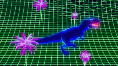 Retrowave tarzı döngü animasyonu. T-Rex dinozoru neon ormanında yürüyor.