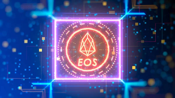 Вивіска логотипу Eos на глюктному цифровому фоні. Криптовалюта — стокове фото