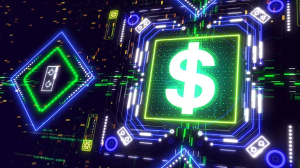 Ψηφιακό χρηματικό σύμβολο 3d καθιστούν. Το σύμβολο δολαρίου ΗΠΑ στο φόντο του κυβερνοχώρου — Φωτογραφία Αρχείου