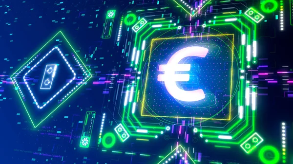 Konsep tanda penambangan uang euro. Warna neon bercahaya dan keamanan cyber berteknologi tinggi — Stok Foto