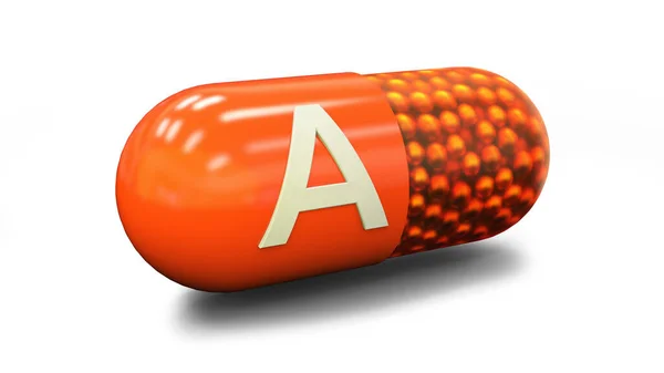 Vitamine A capsule, médecine et bien-être illustration 3D. Pilule orange — Photo