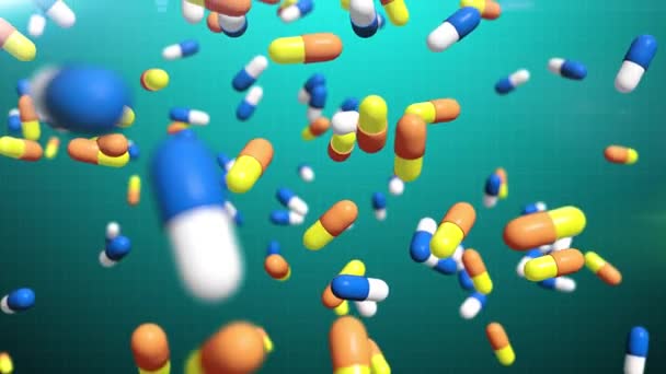 Drogues et pilules Tombant sur un fond bleu. Capsules de médecine colorée 