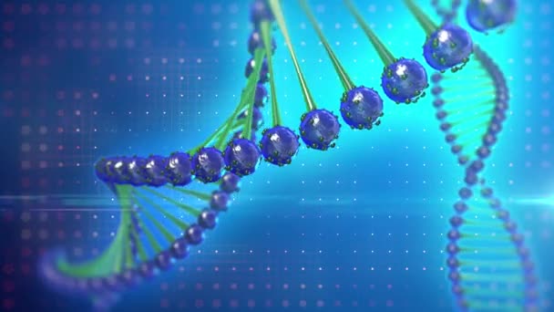 DNA 분자 이중나선 구조, 추상적 인 디지털 배경 위에서 빛을 내며 회전하는 모습. — 비디오