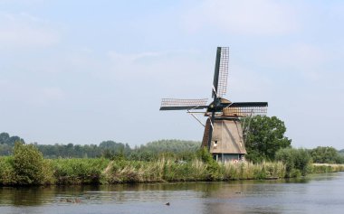 Klasik Hollandalı ülke görüşü. Hollanda rüzgar gülü. Yeşil alan arkaplanı. 