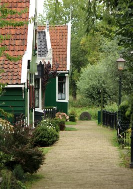 Klasik Hollanda şehir manzarası. Hollanda 'da yaz mevsimi. Yeşil ahşap evler. Hollanda mimari fotoğrafı. 