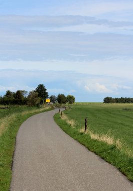 Klasik Hollandalı ülke görüşü. Yumuşak bulutlu güzel suluboya gökyüzü. Yeşil tarım alanları. Avrupa 'da yaz. 