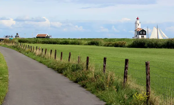 Faro Blanco Campo Verde Paisaje Rural Holandés Clásico Verano Holanda —  Fotos de Stock