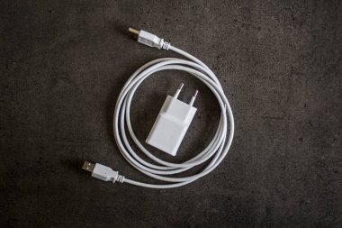 USB 2.0 tip A erkekten erkek kabloya. Üst görüntü fotoğrafı. Veri transfer kablosu. Kopyalama alanı olan koyu gri arkaplan. 