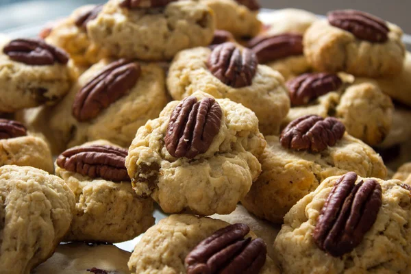 Cookies Caseiros Com Pecan Mesa Madeira Conceito Alimentação Saudável — Fotografia de Stock
