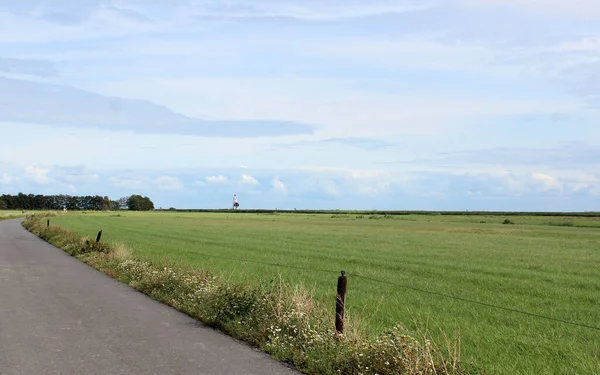 Piękny Letni Krajobraz Akwarela Błękitne Niebo Chmurami Zielone Pole Trawy — Zdjęcie stockowe