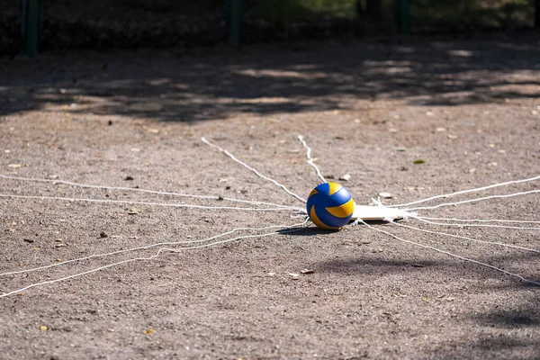 Popüler takım çalışması: ip kullanarak top oynamak. Sadece tüm katılımcılar görevi sorumlu bir şekilde tamamlarsa sonuç iyi olacaktır. Parlak sarı ve mavi spor topu yerde.