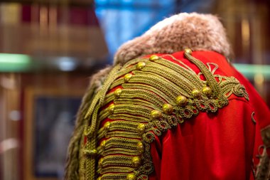 The pelisse, hussar's uniform. Red cloth, trimmed with fur, with shining gold buttons in several rows, with laces and loops of gold thread. The historical costume. clipart