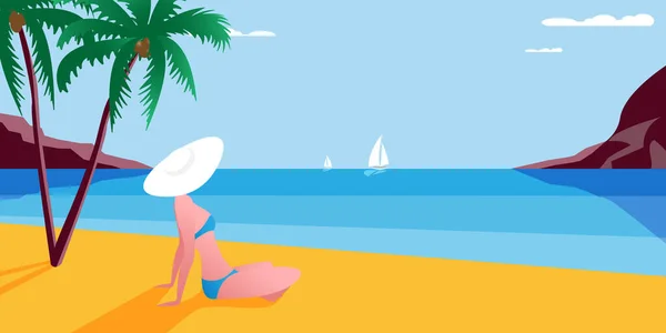 Vektorový kreslený styl pozadí mořského pobřeží. Hezký slunečný den. Mladá dívka odpočívající na pláži pod palmami. — Stockový vektor