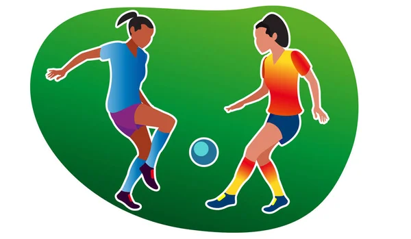 Genç kızlar futbol oynar. Vektör çizimi. Spor kıyafetleri giymiş kızlar havadaki spor haberlerine çıkıyorlar. Aktif spor oyunları. Cinsiyet eşitliği. Kadınlar için eşit fırsatlar. Düz biçim.