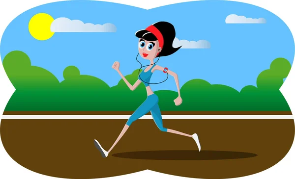 Vector Illustration - Zeichentrickfigur athletisches Mädchen, das im Park läuft. Park, Bäume und Hügel auf grünem Hintergrund. Fitness-Laufmädchen mit mp3-Player. Ein süßes laufendes Mädchen im Cartoon-Stil. — Stockvektor