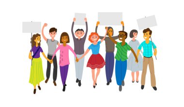 Bir grup genç insan geçit törenine, mitinge ya da gösteriye katılıyor. Erkekler ve kadınlar el ele tutuşuyor ve bazıları da ellerinde posterler tutuyor. Beyaz arkaplanda düz vektör çizimi.