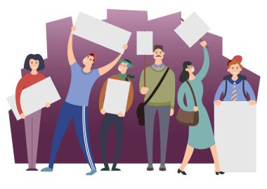 Genç erkek ve kadınlardan oluşan bir grup ayakta durup boş afiş taşıyorlar. Protestocular ya da aktivistler bir geçit törenine, mitinglere ya da greve katılıp talep ediyorlar. Düz çizgi film renkli vektör çizimi.