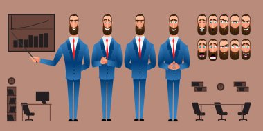 Çizgi film karakteri ifadeleri. Duygusal bir yüz. Duyguların değişkenleri. Düz biçim vektör illüstrasyonu ofis arka planında izole edildi. İş adamı bir fikir sundu..