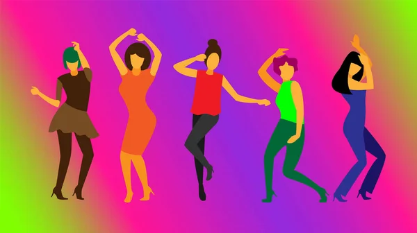 Tanzende junge Mädchen in der Disco. Gruppe junger fröhlich tanzender Tänzerinnen isoliert auf farbigem Hintergrund. Frauen genießen Tanzparty. Bunte Vektorillustration im flachen Cartoon-Stil. — Stockvektor