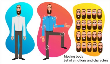 Set of Cartoon character expressions. Emotional face. Variants of emotions. Flat style vector illustration isolated on abstract background. Businessman presents an idea. Moving body for animation. clipart