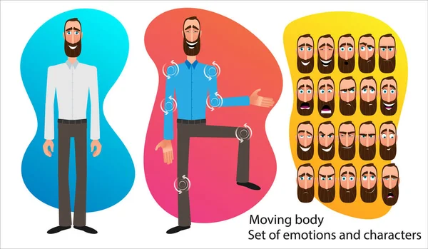 Set de expresii de caractere desene animate. Faţă emoţională. Variante de emoții. Ilustrație vectorială în stil plat izolată pe fundal abstract. Omul de afaceri prezintă o idee. Mutarea corpului pentru animație . — Vector de stoc