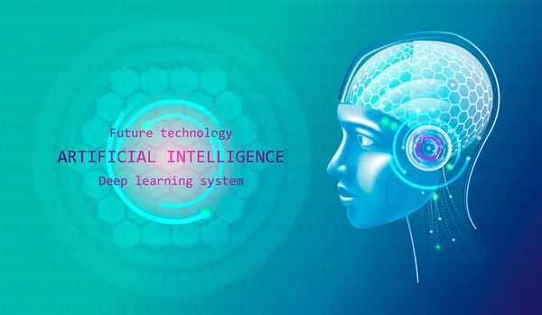 Sinirsel ağı olan bir insanımsıın kafasındaki yapay zeka düşünüyor. Dişi yüz robotu. Dijital Beyin ile yapay zeka, büyük veri işleme, bilgi analizi ve makine öğrenme eğitimi almaktadır..