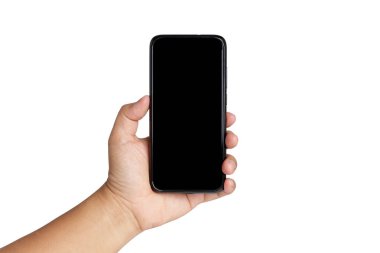 Adamın eli 6.5 inç genişliğinde ekranı olan bir akıllı telefonu tutuyor. İletişim teknolojisi konsepti. Beyaz arka plan. İzole. Parçalar Kırpılıyor