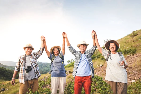 Grupo Idosos Asiáticos Caminhando Altas Montanhas Desfrutando Natureza Conceitos Comunidade — Fotografia de Stock