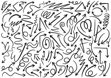 El çizimi karalama tasarımı elementleri. El çizimi oklar, çerçeveler, sınırlar, simgeler ve semboller. Çizgi film biçimi bilgisel elementleri.