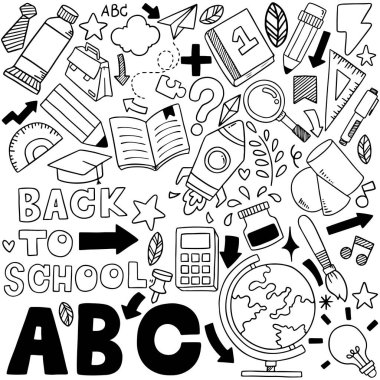 Okul simgelerinin el çizimi seti arka plan desen vektörü illüstrasyonuName