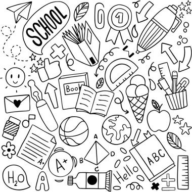 Okul simgelerinin el çizimi seti arka plan desen vektörü illüstrasyonuName