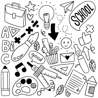 Okul simgelerinin el çizimi seti arka plan desen vektörü illüstrasyonuName