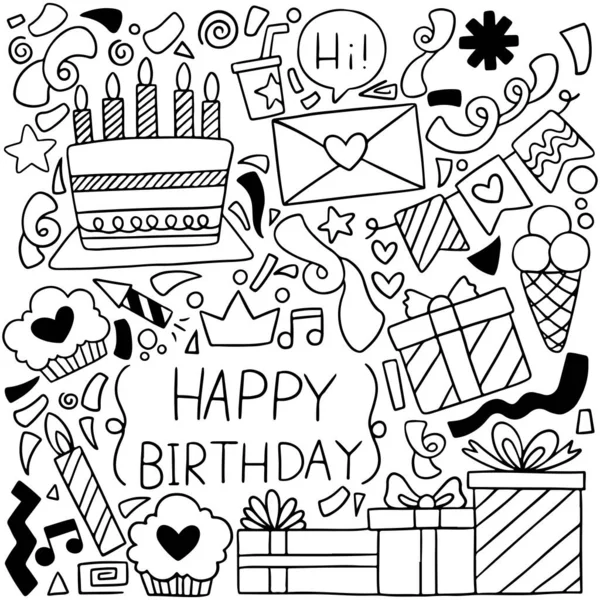 Dessin Main Partie Doodle Joyeux Anniversaire Ornements Fond Modèle Illustration — Image vectorielle