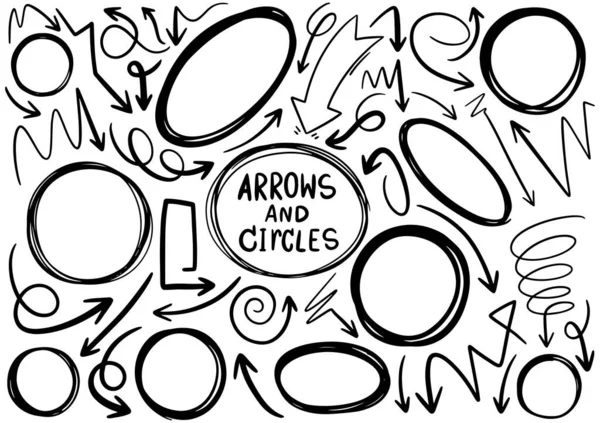 Dibujado Mano Doodle Diseño Círculos Elementos Flechas Marcos Bordes Iconos — Archivo Imágenes Vectoriales