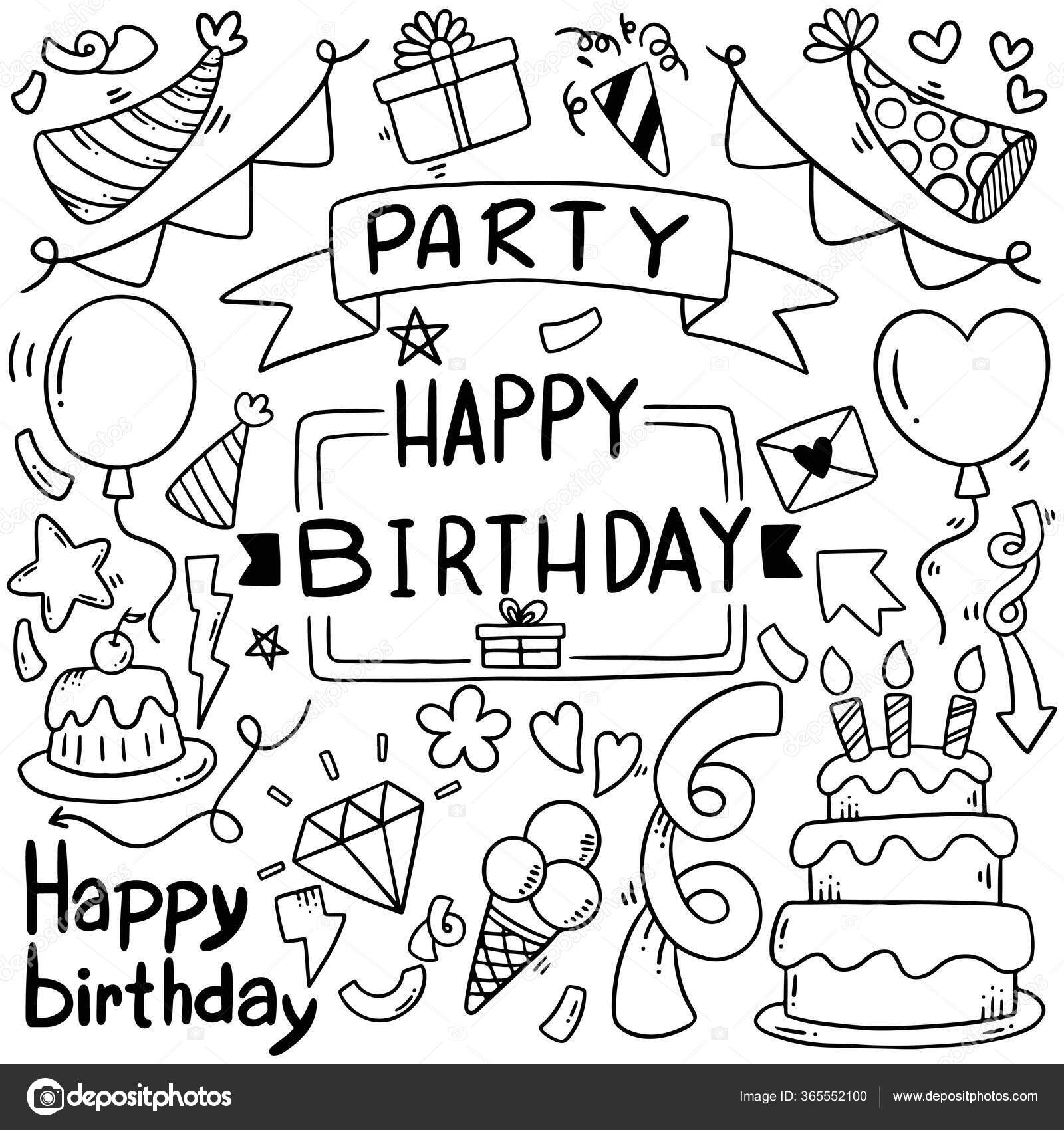 Hand Drawn Party Doodle Happy Birthday Ornaments Background Pattern ...