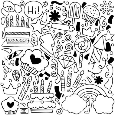 El çizimi parti karalaması Mutlu yıllar süslemeler arka plan desen vektör illüstrasyonu