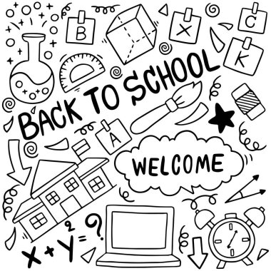 Okul simgelerinin el çizimi seti arka plan desen vektörü illüstrasyonuName