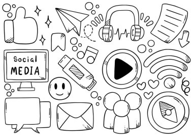 Beyaz arkaplana izole edilmiş elle çizilmiş sosyal medya karalamaları koleksiyonu