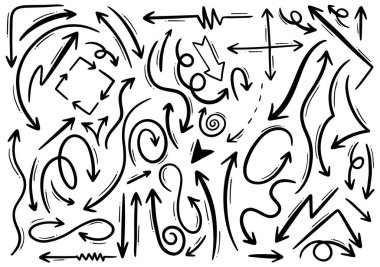 El çizimi karalama tasarımı elementleri. El çizimi oklar, çerçeveler, sınırlar, simgeler ve semboller. Çizgi film biçimi bilgisel elementleri.