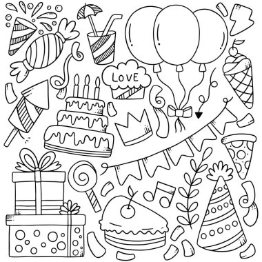 El çizimi parti karalaması Mutlu yıllar süslemeler arka plan desen vektör illüstrasyonu